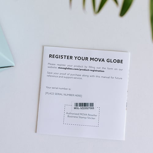 Photo of serial number that is included in your MOVA Globe package